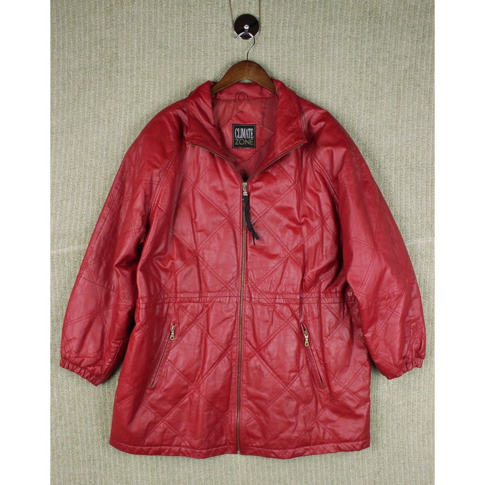 Vintage Cherry Red Leather Quilted Jacket Zip Front Mid Length Coat Women's 2XL
